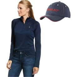 2022 Ariat Womens Sunstopper 2.0 1/4 Zip Baselayer Top & FREE Team Cap Bundle - Team / Navy